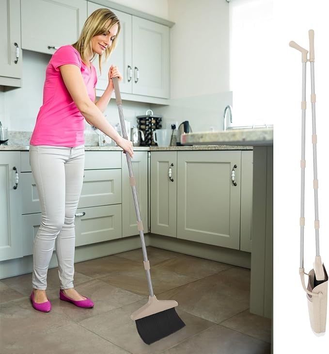 Broom with Dustpan Combo Set 54” Long Handle Household Dust Pan for Home Cleaning （Beige）