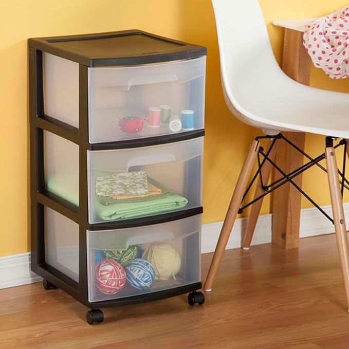 Sterilite 6 Pack Plastic Storage Organizer, 3 Drawer Rolling Bin Cart, Closet Organization, Black