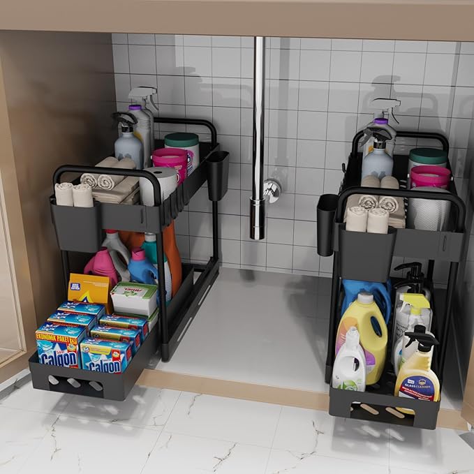 2 Pack Double-Layer Under Sink Organizer for Efficiently Utilizing Space, High Capacity and Space Saving, 2 Tier Sliding Under Sink Shelf with 4 Hooks and a Cup Slot(Black)