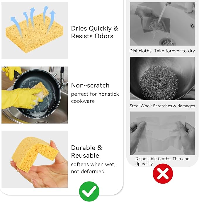 6 Pcs Kitchen Sponges for Dishes Cleaning, Non Scratch for Non Stick Cookware, Compressed Natural Cellulose Sponges, Dish Washing Scrubbers, Scrubbing Pads for Household, Bathroom (Multicolor)