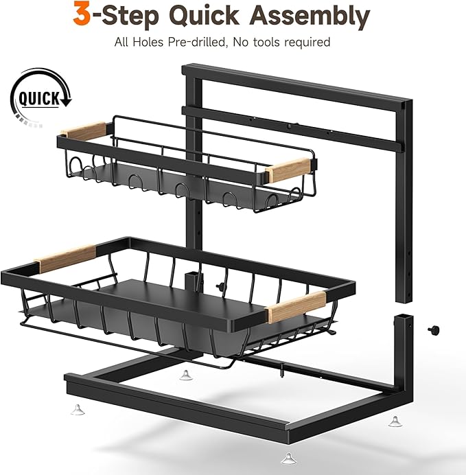 2 Packs Under Sink Organizer, Height Adjustable 2 Tier Under Kitchen Sink Organizer, Multi-Purpose Storage Shelf for Kitchen Bathroom Cabinet (Black)