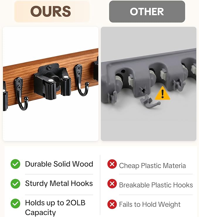 Lorbro 2 Pack Broom Holder Wall Mount, Wooden Broom and Mop Organizer Wall Hanging, Mop Hanger Rack with 4 Slots & 4 Hooks, Tool Organizer for Laundry Room, Closet, Garage, Kitchen