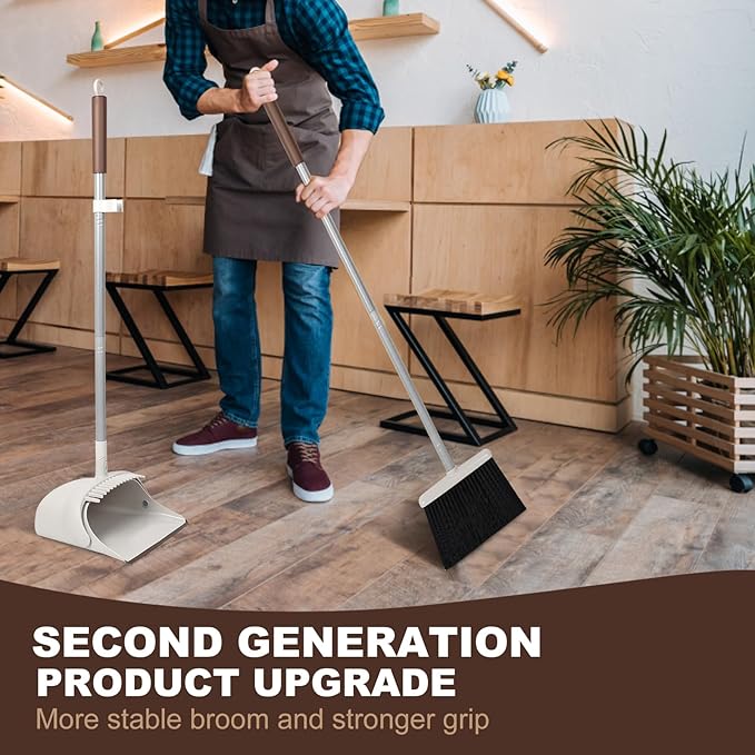 54" Long Handled Broom and Dustpan Set - Perfect Dust Pan and Brush Combo for Efficient Cleaning, Brown and White