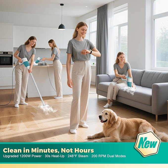 Steam Cleaner with Electric Spin Scrubber, 2-in-1 Pressurized Handheld Steam Cleaner with Detachable Long Handle, Continuous Steam, Chemical-Free Steamer for Cleaning Floor, Tile, Grout, Bathroom&Car