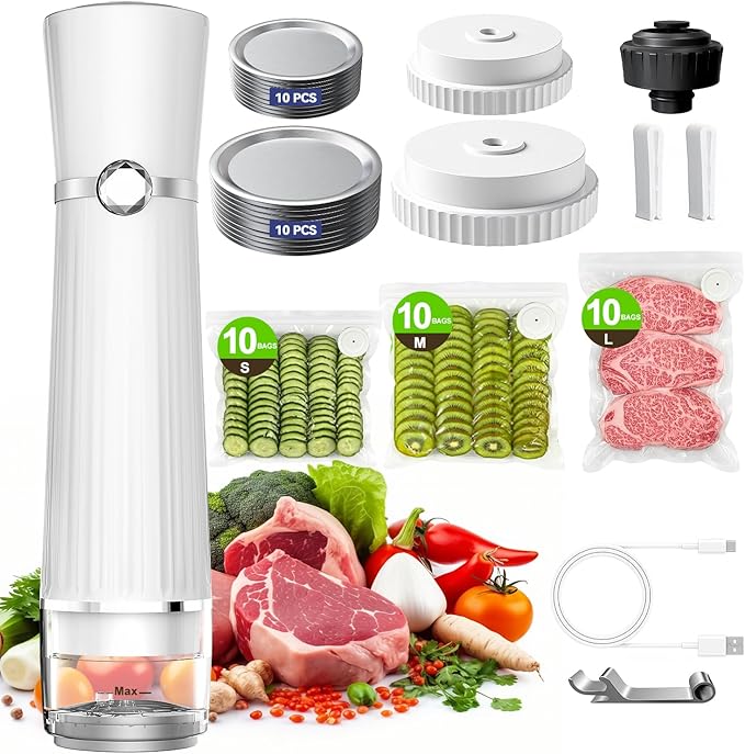Vacuum Sealer for Food (Compact Vacuum Sealer Machine+30 Reusable Bags+20 Mason Jar Lids+Wine Stopper), Handheld Mason Jar Vacuum Sealer for 10X Preservation & Fresh, 80Kpa Portable Vacuum Food Saver