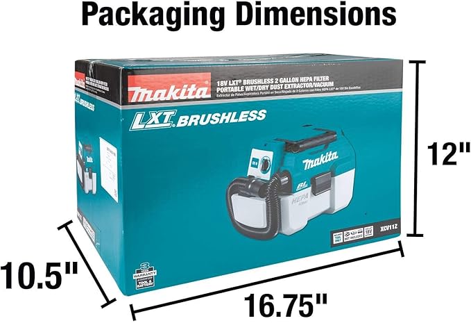 Makita XCV11Z 18V LXT Lithium-Ion Brushless Cordless 2 Gallon HEPA Filter Portable Wet/Dry Dust Extractor/Vacuum, Tool Only