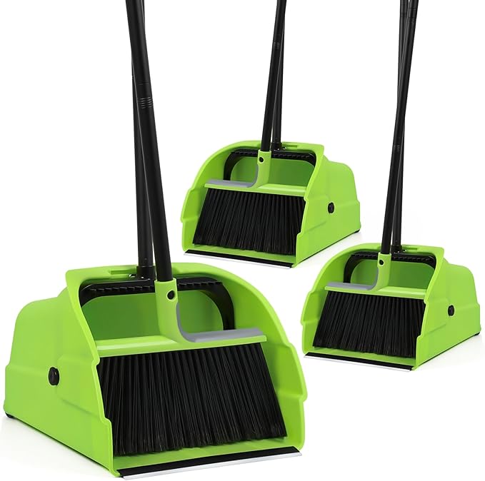 (3PK) Jumbo Commercial Broom and Dustpan Set with Large Standing Scoop Dustpan and Heavy Duty Broom, Long Handle, for Indoor/Outdoor Floor Cleaning, Janitor Supplies