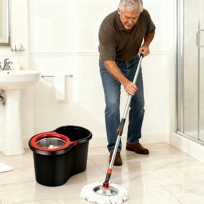 Spin Mop and Bucket with Wringer Set, 360°Rotating Head Mop Bucket System, 3 Replacement Mop Heads for Floor Cleaning (Black & Red) (Three mop Heads)