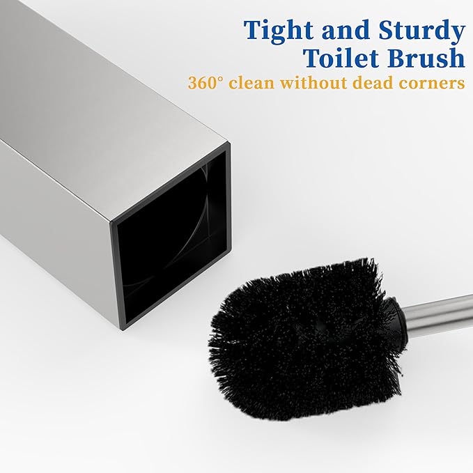RUACQ Toilet Brush and Holder Set,Square Toilet Bowl Brush for Bathroom with 304 Stainless Steel Handle Toilet Cleaner Brush with Durable Scrubbing Bristles,Splash-Proof (Brushed Nickel)
