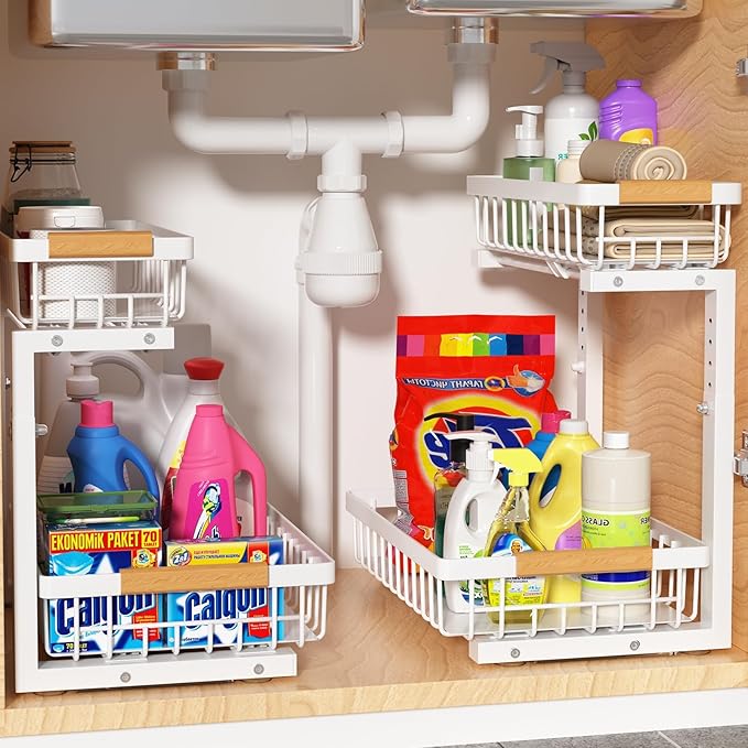 Under Sink Organizer 2 pack, 2 Tier Slide Out Under Sink Organizers And Storage, Height Adjustable Pull Out Cabinet Drawers, Kithcen Bathroom Metal Storage Caddy Shelf, White