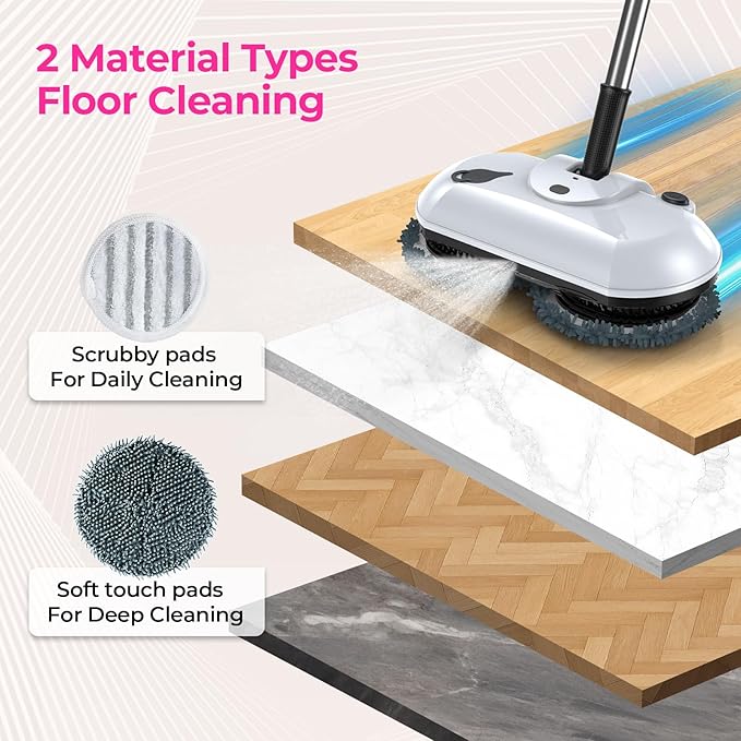 ScrubWiz Cordless Electric Spin Mop with Water Sprayer, Self-Propelled Floor Cleaner for Hardwood & Tile, Quiet Cleaning, Adjustable Handle, 2500mAh Long-Lasting Battery, 300ml Tank, Snow White