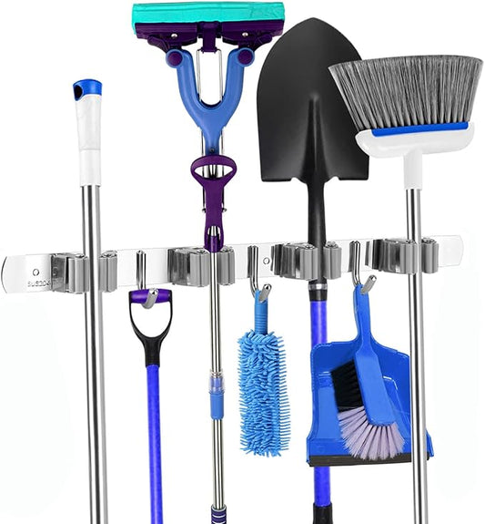 Mop and Broom Holder, 3 Positions 4 Hooks Heavy Duty Hanger Wall Mounted Stainless Steel Organizer for Holders, Home Laundry Bathroom, Garage Storage System Utility Tools Rack Storage, Grey