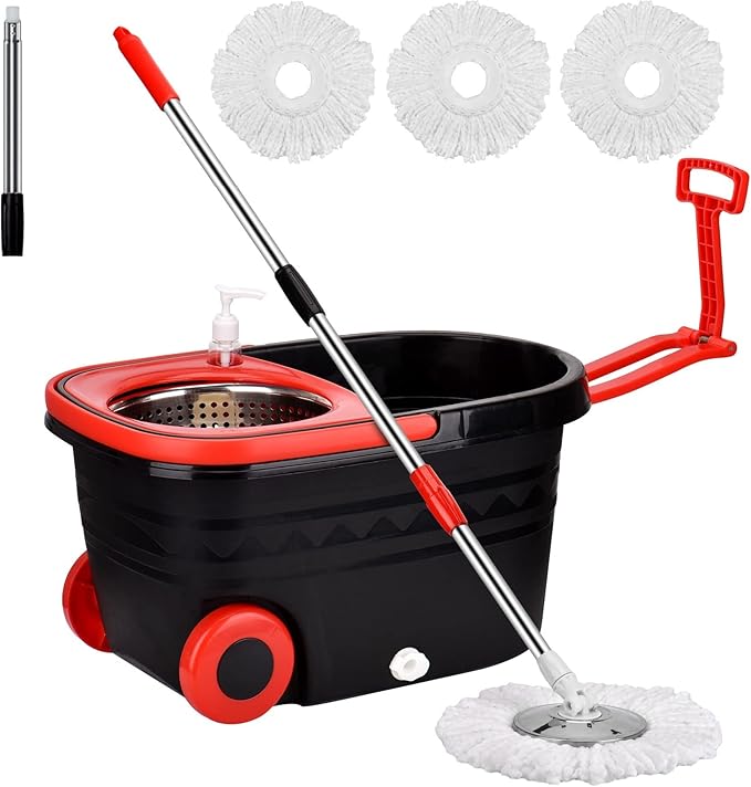 Mop Bucket Set, 360 Spin Stainless Steel Spin Mop Bucket System with 3 Mop Heads, for Floor Cleaning