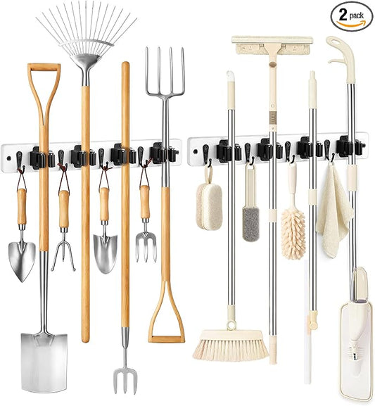Lorbro 2 Pack Broom Holder Wall Mount, Wooden Broom and Mop Organizer Wall Hanging, Mop Hanger Rack with 4 Slots & 4 Hooks, Tool Organizer for Laundry Room, Closet, Garage, Kitchen