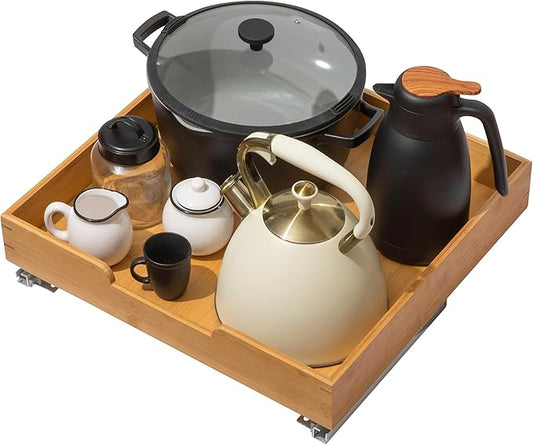 HOLDN’ STORAGE Bamboo Wooden Pull out Cabinet Organizer. 22" W x 21" D - Requires At Least a 23.25" W x 21" D. Cabinet Opening. W/Lifetime Limited Warranty. Bamboo Tray and Heavy gauge metal rails