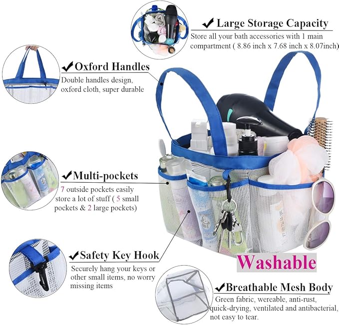 Haundry Mesh Shower Caddy Tote, Large College Dorm Bathroom Caddy Organizer with Key Hook and 2 Oxford Handles, 8 Basket Pockets for Camp Gym