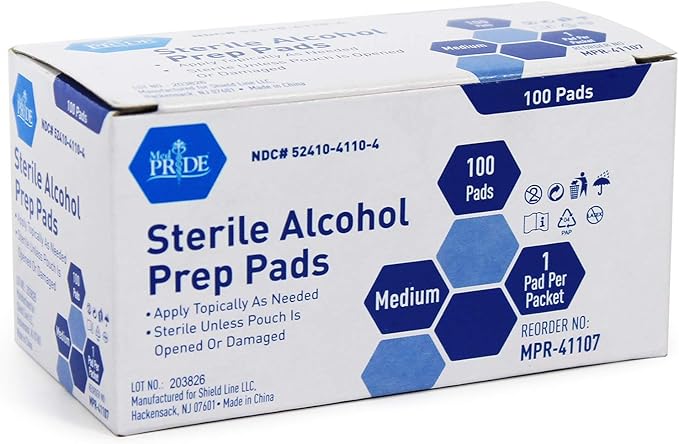 MED PRIDE Sterile Alcohol Prep Pads, Antiseptic, Individually Wrapped, Medical Grade, Latex Free, 2 Ply, 100 Count