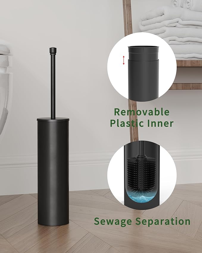 Toilet Brush and Holder Set, Toilet Bowl Brush for Bathroom with Long Handle, Stainless Steel Toilet Cleaner Brush with Durable Scrubbing Bristles,Splash-Proof (Matte Black)