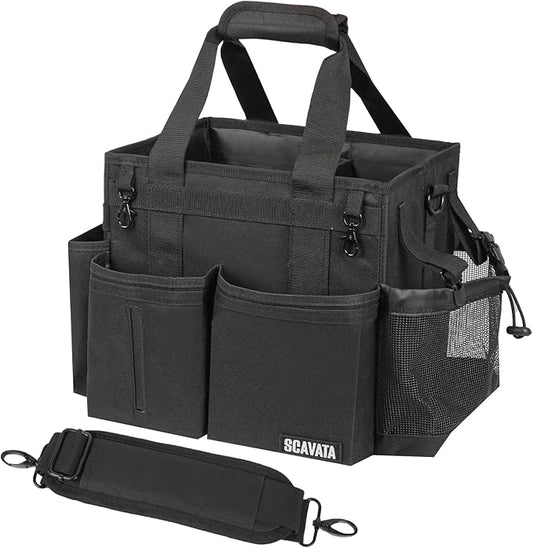 Compact Wearable Cleaning Caddy, Small Supplies Organizer with Handle & Shoulder Straps for Housekeepers, Under Sink & Car Cleaning Tool Organizer Bag (Black)