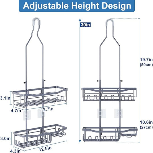 Shower Caddy, Upgraded Extended Length Shower Caddy Over Showerhead No Blocking to Showerhead, Rustproof Bathroom Organizers and Storage with Hooks Shampoo Soap Holder, Large Hanging Caddy