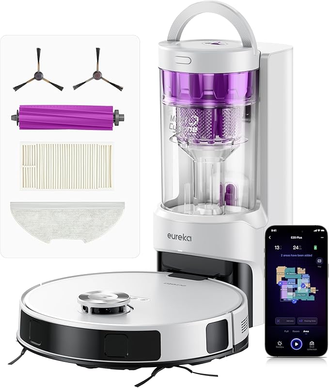 Eureka E20 Plus Robot Vacuum and Mop Combo, Robot Vacuum Cleaner with Bagless Self Emptying Station, 45-Day Capacity 8000Pa Suction and Anti Hair-Tangling Brush App Control LiDAR Navigation