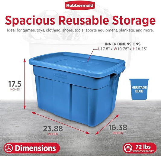 Rubbermaid Roughneck Tote 18 Gal, 10 Pack, Made in USA, Heritage Blue, Rugged Plastic Stackable Storage Bins with Lids and Handles