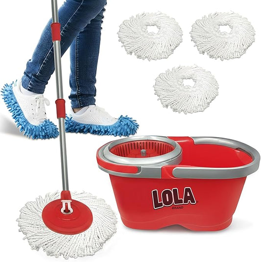 LOLA Revolution Deluxe Spin Mop & Bucket, w/ 3 Microfiber Washable Heads, 1 Pair Microfiber Mop Slippers, Fast Dry, Deep Clean Floors & Hands-Free Wringer, Easy Spin Dry, NO EXHAUSTIVE Foot Pedal