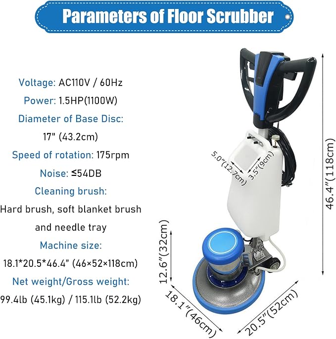 Commercial Floor Cleaning Machine 17" Floor Cleaner and Polisher Industrial Ground Scrubber Buffer Heavy Duty Carpet Cleaner with Three Brushes for Ground Cleaing, 110V