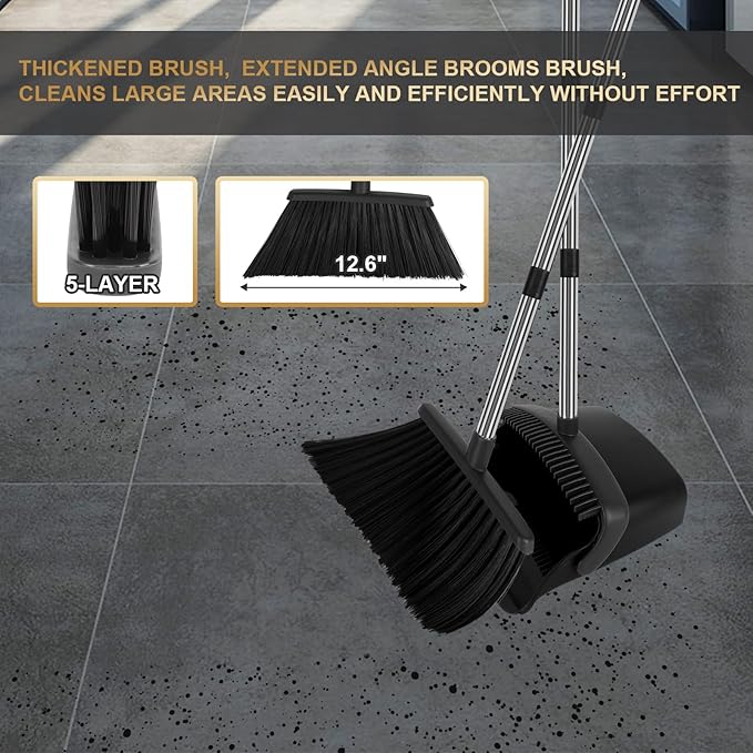 Upgraded Broom and Dustpan Set, 55" Long Handle Black Large Broom with Dustpan Combo Set，Self Cleaning Dustpan for Lobby Kitchen Office Restaurant