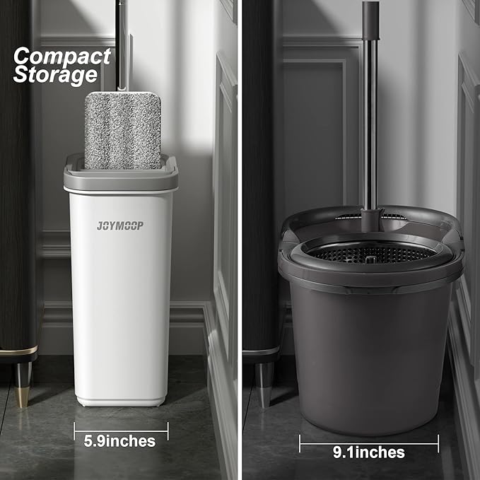JOYMOOP Mop and Bucket with Wringer Set, Hands Free Flat Floor Mop and Bucket, 60" Mop with 5 Reusable Microfiber Pads, Wet and Dry Use, Floor Cleaning System