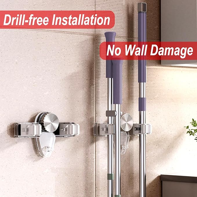 4 Pack Broom Holder Mop Hanger, No Drill Suction Cup Adjustable Organizer with Hooks Broom Hanger Organizer for Bathroom Kitchen Office Utility Room Laundry Home Garden Garage Storage Organizatin Rack