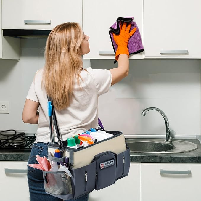 Large Cleaning Supplies Organizer-Cleaning Caddy Organizer With Handles & Shoulder Strap-Cleaning Bags for Cleaning Suppliers-Housekeepers Wearable Cleaning Tote Upgraded