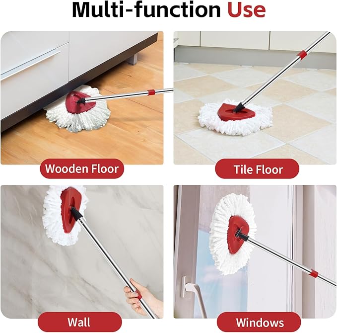 Spin Mop Replace Head, Base, Handle Compatible with O Cedar EasyWring Microfiber Spin Mop, 2 Mop Refills Replacement Heads, 30-58in Mop Handle and 1 Mop Base Combo Set (White (1-Tank System))