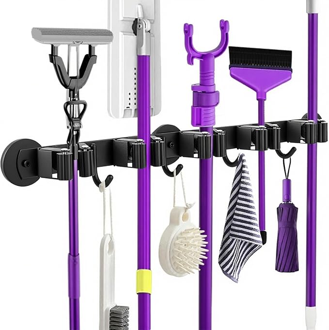 Magnetic Broom Holder Wall Mount - Heavy Duty Non-Slip Mop Hanger with 4 Hooks And 5 Rack, No Drill Tool Organizer for Refrigerator,Garage,Laundry Room (Black, 5Racks 4Hooks)