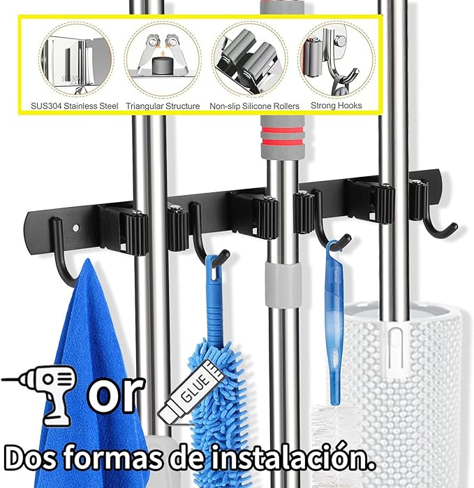 Mop and Broom Holder Wall Mount, 3 Racks with 4 Hooks, Stainless Steel Broom Organizer, Self Adhesive or Screw Mounted, Heavy Duty Storage for Home Kitchen Laundry Garage (black)