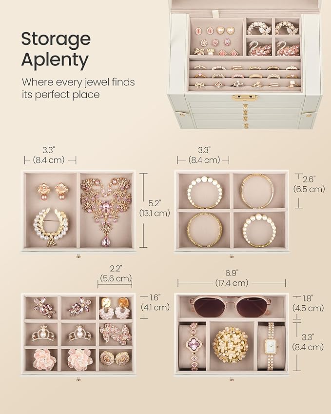 SONGMICS 5-Layer Jewelry Box Organizer with 4 Drawers, Jewelry Storage Case with Lock and Mirror, Large Storage Capacity, Gift for Loved Ones, for Necklaces, Watches, Cream White UJBC153WD01S