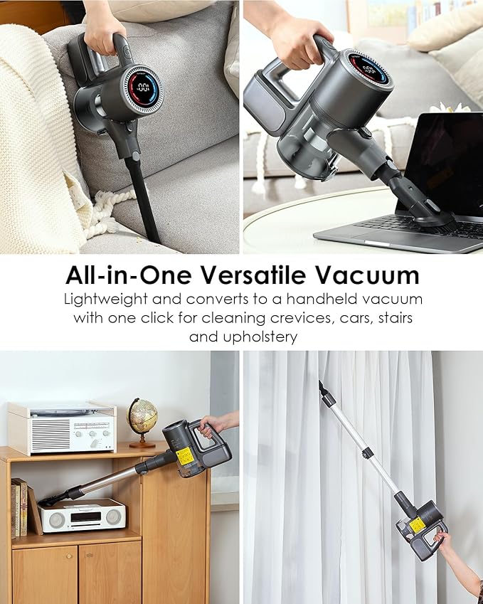 Cordless Vacuum Cleaner, 500W/40KPA Lightweight Stick Vacuum up to 40 mins Runtime, LED Display and Green Headlights, 6-Stages Filtration, Self-Standing Vacuum for Home Hard Floor, Carpet and Pet Hair