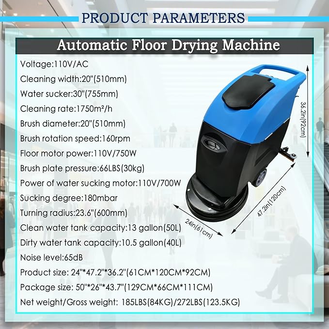 Commercial Floor Scrubber Washer Dryer 20'' Hand Push Auto Floor Cleaner 13Gal Clean & 10.5Gal Dirty Water Tank, 65dB Low Noise for Mall/Hotel/Airport/Factory/Office, Wire-Type 110V
