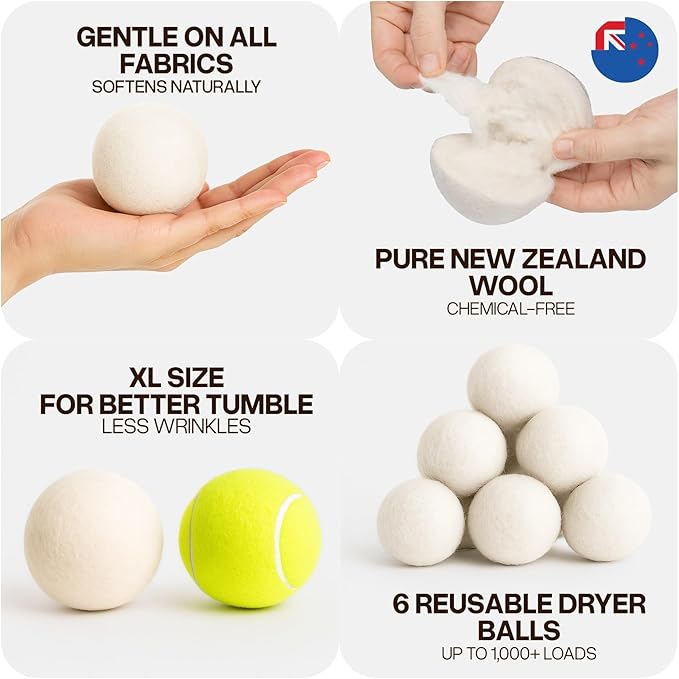 WoollyPals Dryer Balls (6-Pack, XL Size) - 100% New Zealand Wool - No More Dryer Sheets - Eco Dryer Balls - Reusable - Softens Laundry - Reduces Drying Time & Static - with Storage Bag (Plain White)