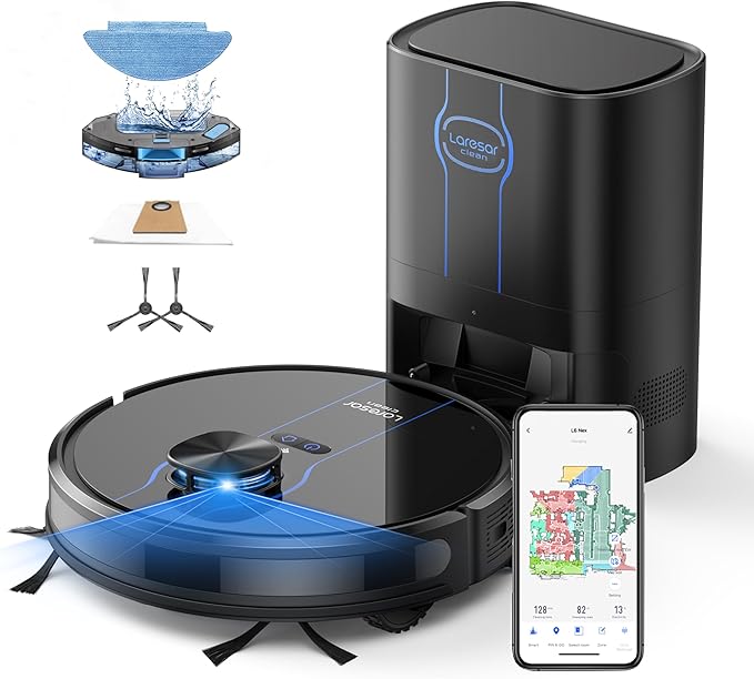 Robot Vacuum and Mop, 5000Pa Self-Emptying Robot Vacuum, Smart Lidar Navigation Robot Vacuum Cleaner with Home Mapping, 180 Min Max, Ultra-Slim, Ideal for Pet Hair, Hard Floor, Carpet (L6 Nex)