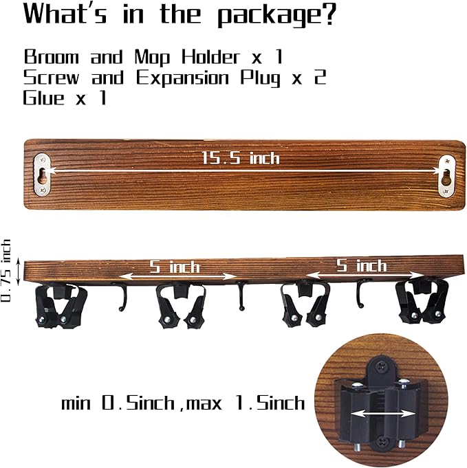 Mop and Broom Holder Wall Mount Solid Wood Broom Rack Wall Mount 4 Positions 3 Hooks for Home, Kitchen, Garden, Tools, Garage Organizing, Cleaning Supplies Organizer Indoor Outdoor