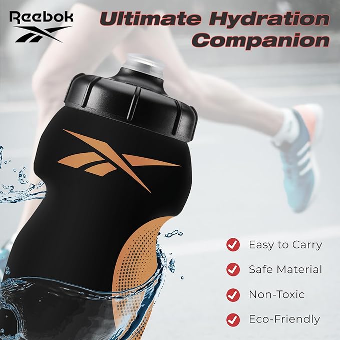 Reebok Squeeze Water Bottles With Athletic Design - Water Bottle 24 oz - Sports Water Bottle - Reusable Water Bottle For Gym, Running, Hiking etc, BPA Free (Black)