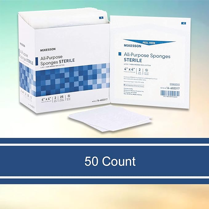McKesson All Purpose Sponges, Sterile, 4-Ply, 100% Cotton, 4 in x 4 in, 2 per Pack, 25 Packs, 50 Total