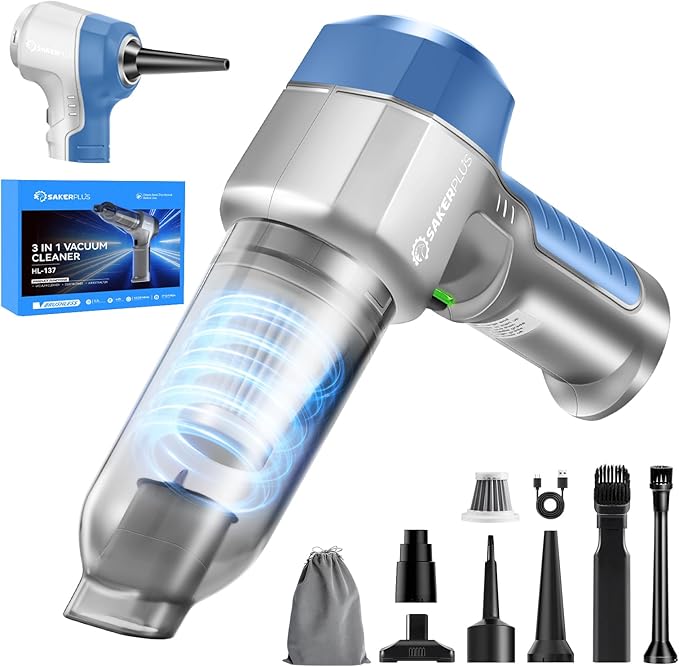 Mini Vacuum Cleaner, 3 in 1 Car Vacuum Cleaner High Power, 15000PA Powerful Suction, Air Duster, 7500mAh, Adjustable Small Vaccum Portable Cordless for Cars,Desktop,Home- Light Blue