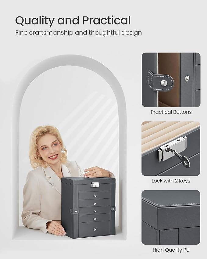 SONGMICS 6-Layer Jewelry Box Organizer with 5 Drawers, Jewelry Storage Case with Lock and Mirror, Large Storage Capacity, Gift for Loved Ones, for Necklaces, Watches, Gray UJBC152G01