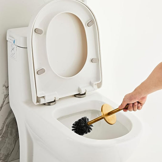 Brushed Gold Toilet Brush and Holder Set - Stainless Steel Toilet Bowl Scrubber with Replaceable Head & Splash Guard