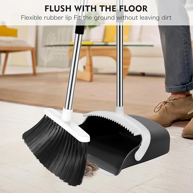 Broom and Dustpan Set, 55-in Long Adjustable Handle Broom with Dustpan Combo Set with Dustpans Teeth to Automatically Clean Hair Suitable for Home Kitchen Office Hall Lobby, Large(Black&White)