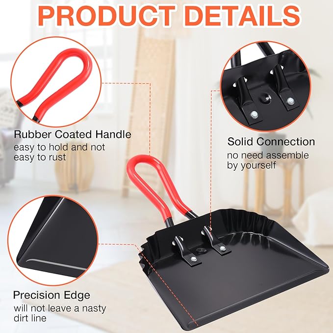 Uiifan 4 Pcs Industrial Metal Dustpans 12" Heavy Duty Dust Pan with Handle Commercial Dustpan Wide Scooper Dust and Debris Sweeping Tool Precision Edge Rubber Grip Loop Handle (Black)
