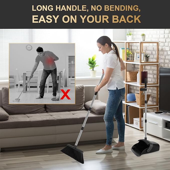 Upgraded Broom and Dustpan Set, 55" Long Handle Black Large Broom with Dustpan Combo Set，Self Cleaning Dustpan for Lobby Kitchen Office Restaurant
