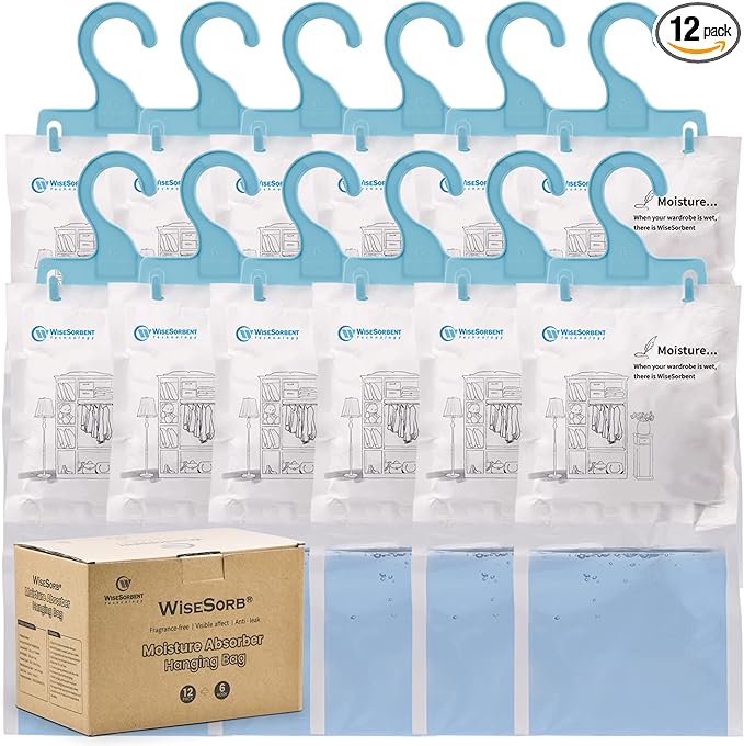 Moisture Absorber Refill Hanging Bags, 12 Pack (200g Each) – Calcium Chloride Dehumidifier Bags with 6 Reusable Hooks, Closet & Bathroom Dehumidifier Bags